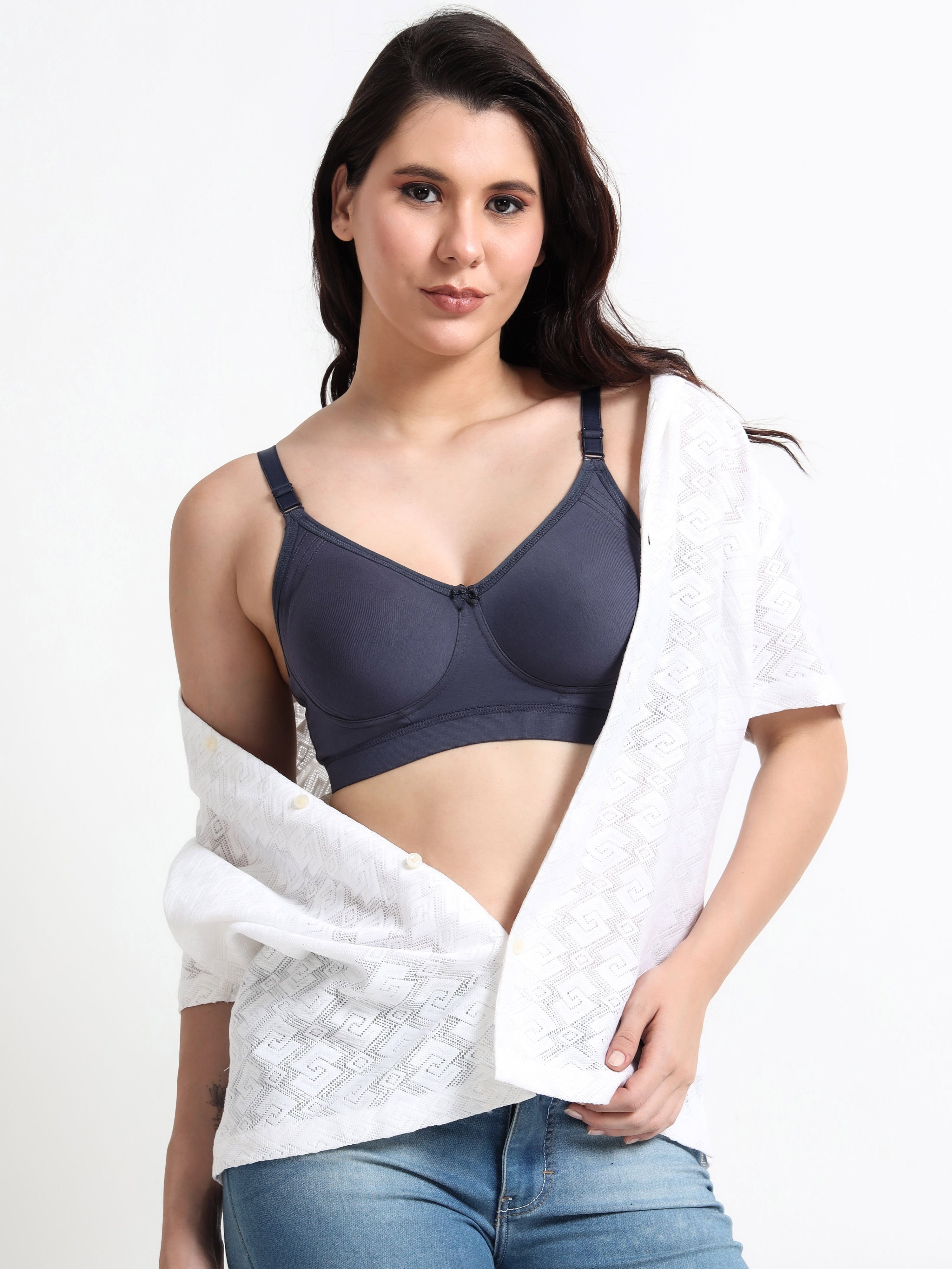 H&F Women's  Non Padded Wire-Free Adjustable Straps Full Coverage Cotton-Lycra Rich Fabric Everyday Minimizer T-Shirt Bra