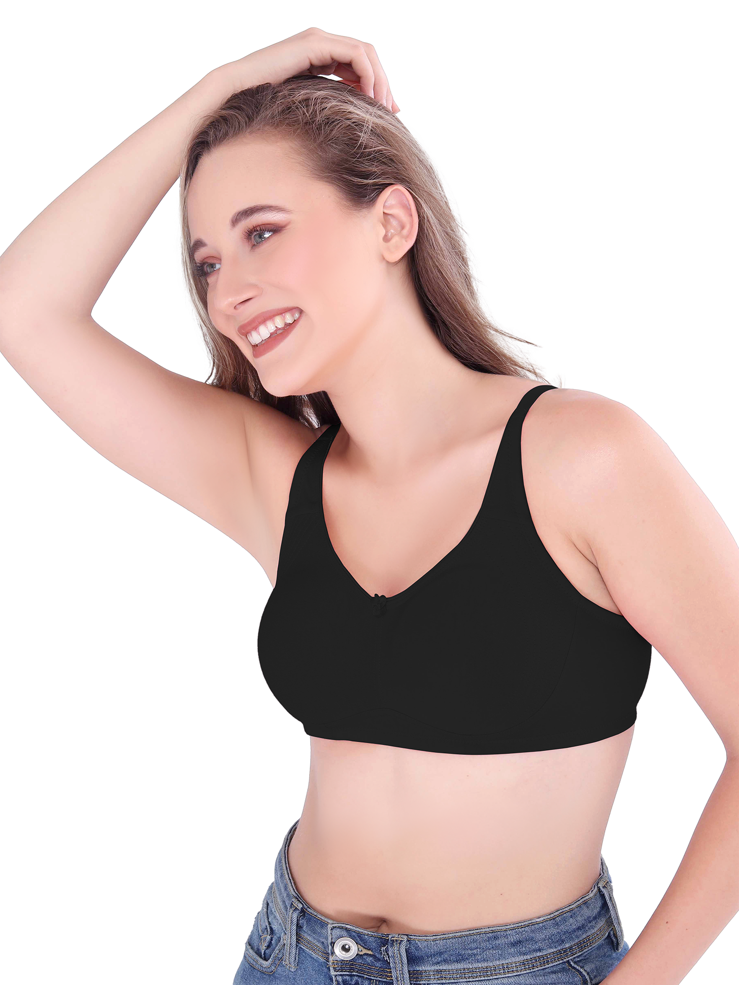 H&F Women's Non Padded Wire-Free Adjustable Straps Full Coverage In Centre Wide Side Shaper Panel Cotton-Rich Fabric Everyday Minimizer T-Shirt Bra